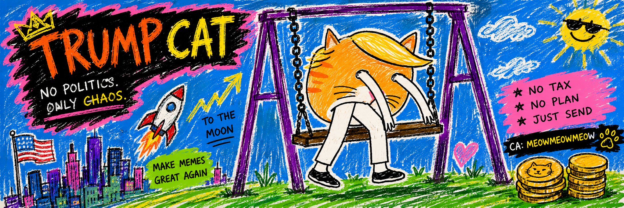 Trumpcat banner: an orange cat with a swoop of blonde hair rides a swing under a rocket labeled to the moon, with no tax, no plan, just send